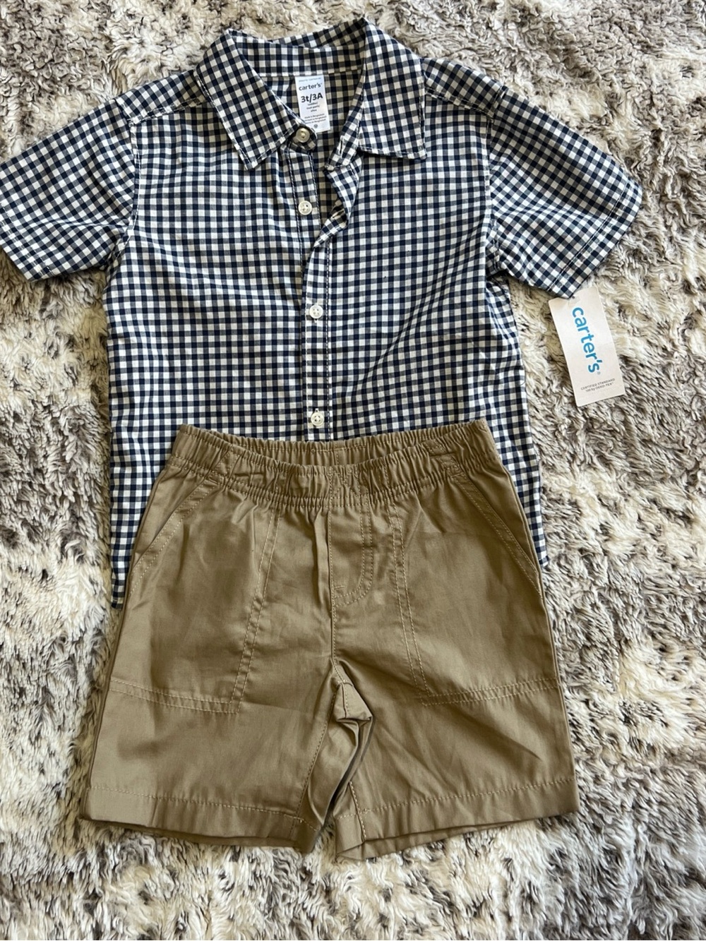 Carters toddler boys 2 piece gingham button down shirt & khaki shorts set 3T NWT